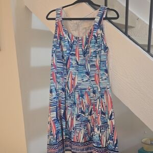 Scoop Neck Blue and Pink Printed Midi Dress